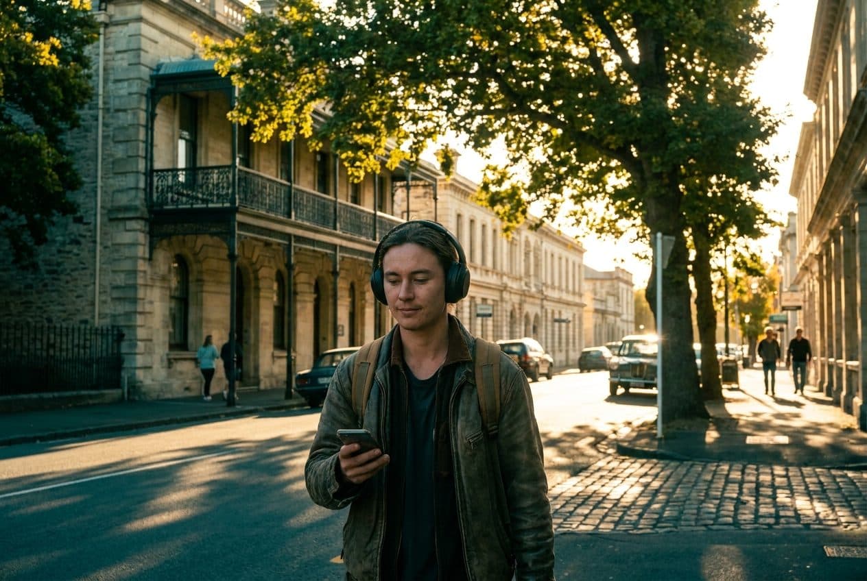 A listener with headphones walking past a Victorian stone streetscape