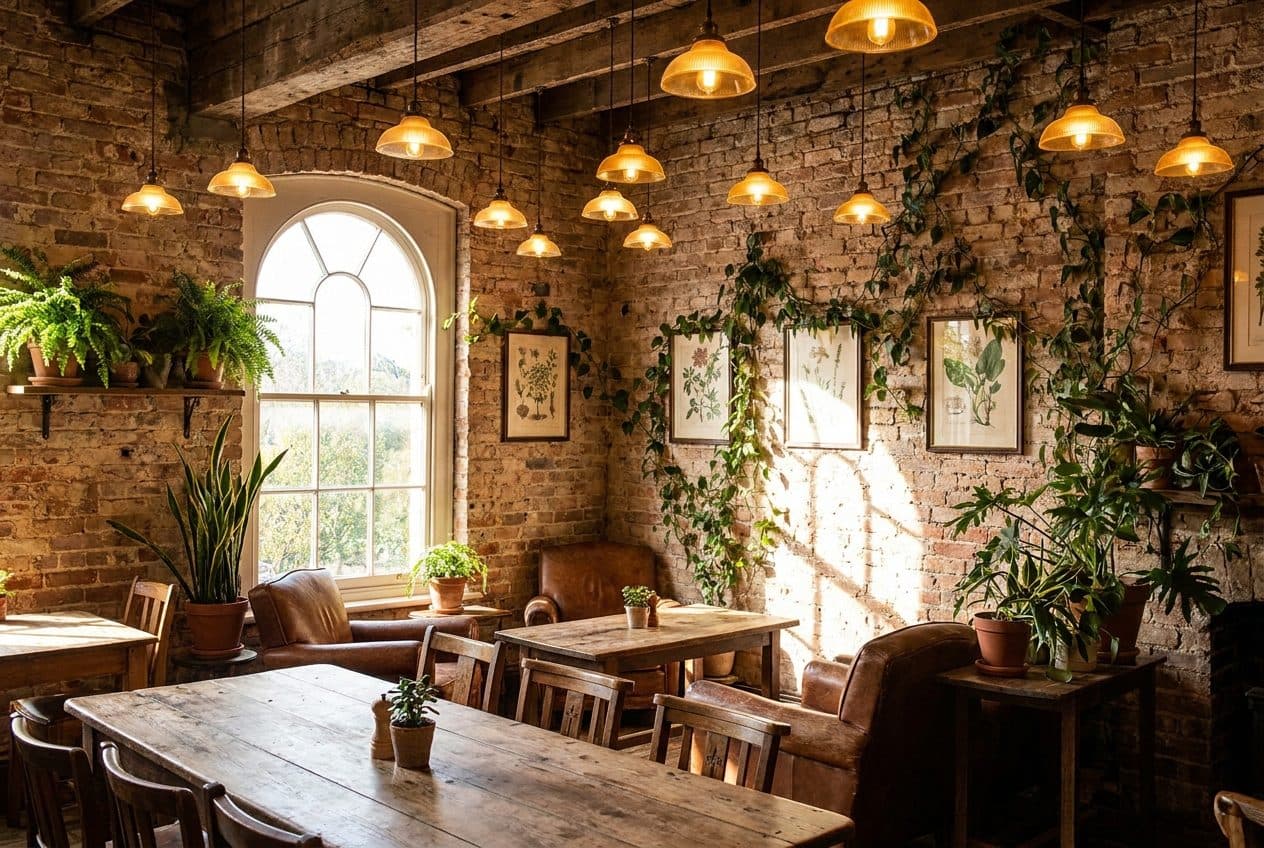 A café in a brick heritage building, arched window and exposed beams
