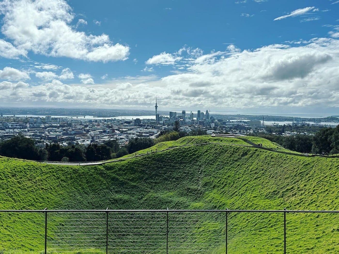 The crater rim of Maungawhau with the Auckland skyline beyond