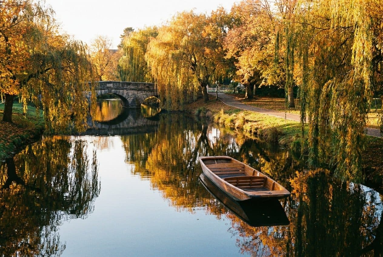 Ōtākaro / Avon River in autumn, a punt moored under willows