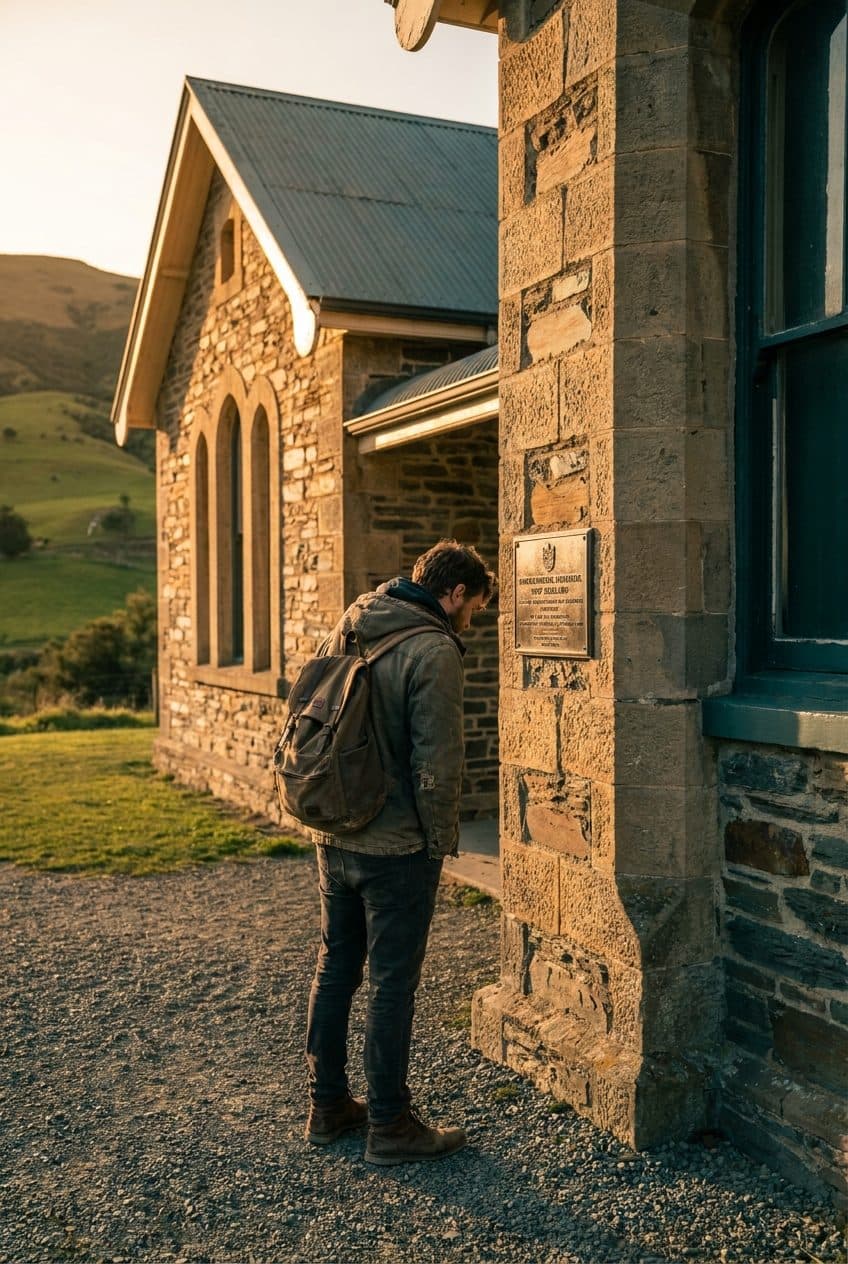 A traveller reading a bronze plaque on a stone heritage building at golden hour