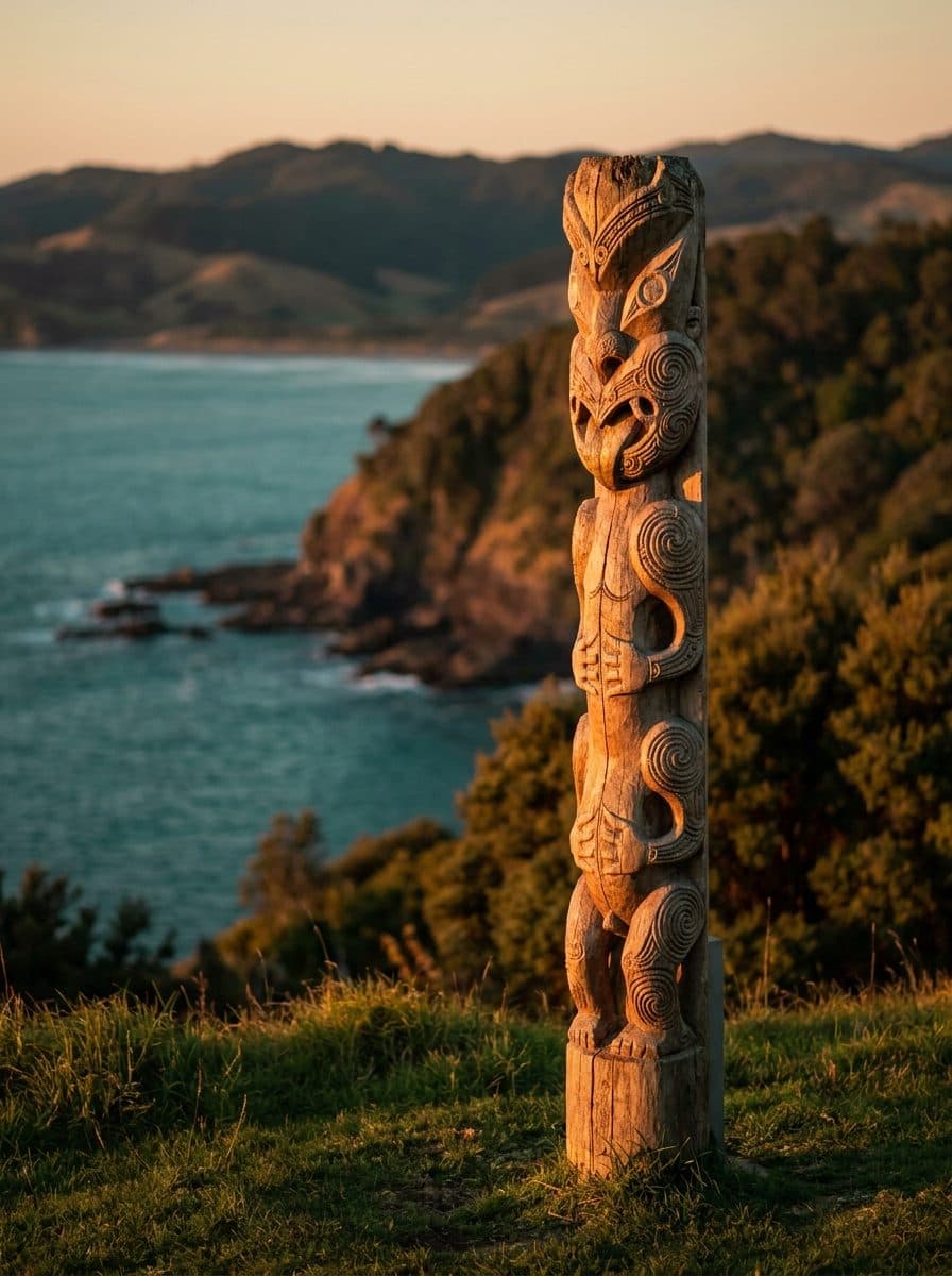 Pou whenua overlooking a coastal headland at sunset