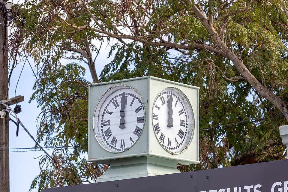 The Devonport Jubilee Clock in Devonport, Auckland, viewed from the corner.