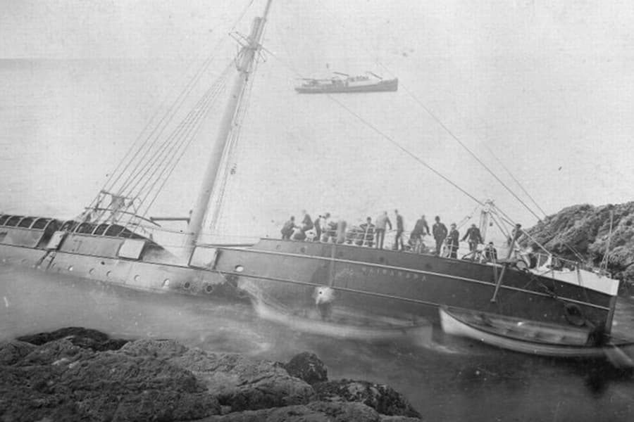 The wreck of the SS Wairarapa, wrecked at Miners Head, Great Barrier Island, New Zealand in 1894.